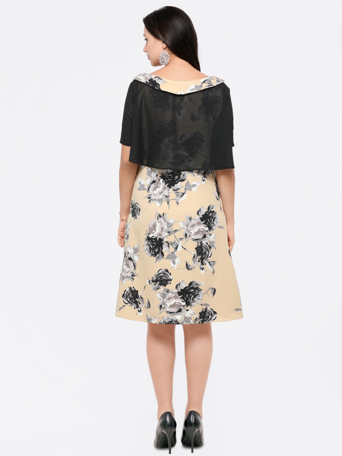 Floral Printed Front Overlap Polyester Dress